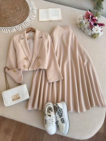 FOR YOU MODA - 8803-1F-5-طقم تنورة بيج