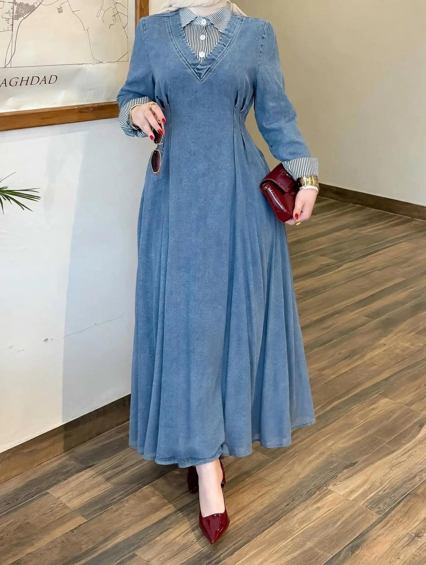 FOR YOU MODA - 8823-17L-3- فستان جينز فاتح