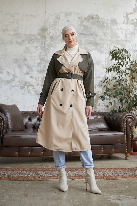 FOR YOU MODA - 8858-65S-2 ترانش كوت لونين خاكي