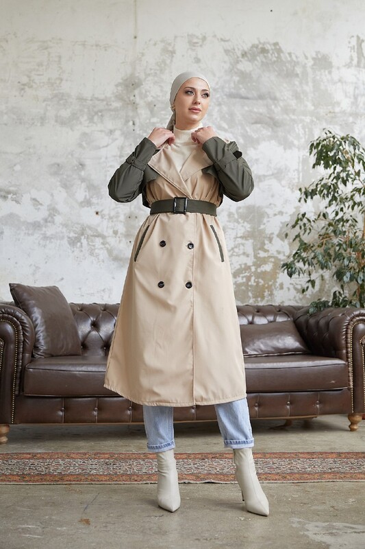 FOR YOU MODA - 8858-65S-2 ترانش كوت لونين خاكي (1)