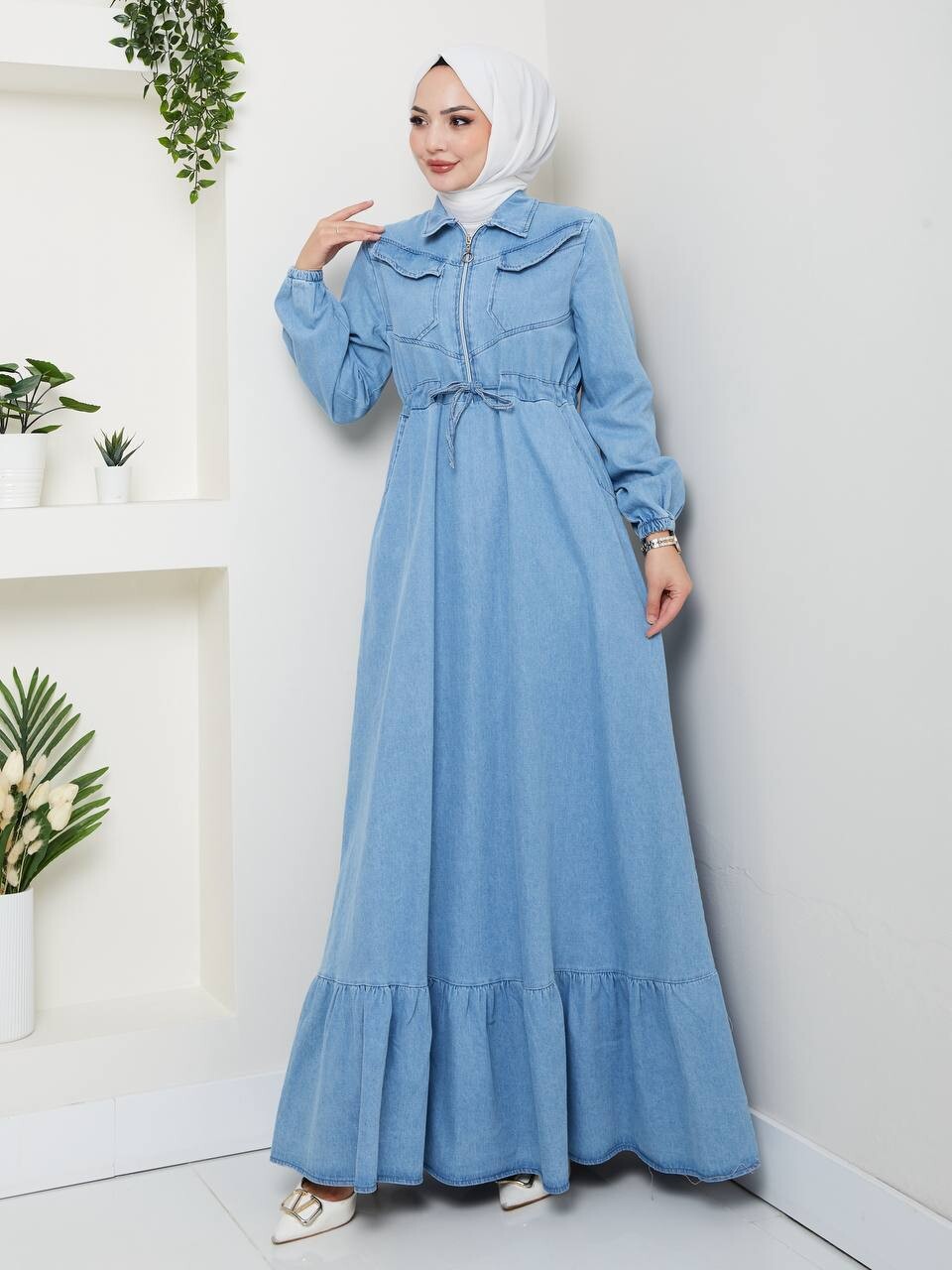 FOR YOU MODA - 8899-1K-3 فستان جينز فاتح 