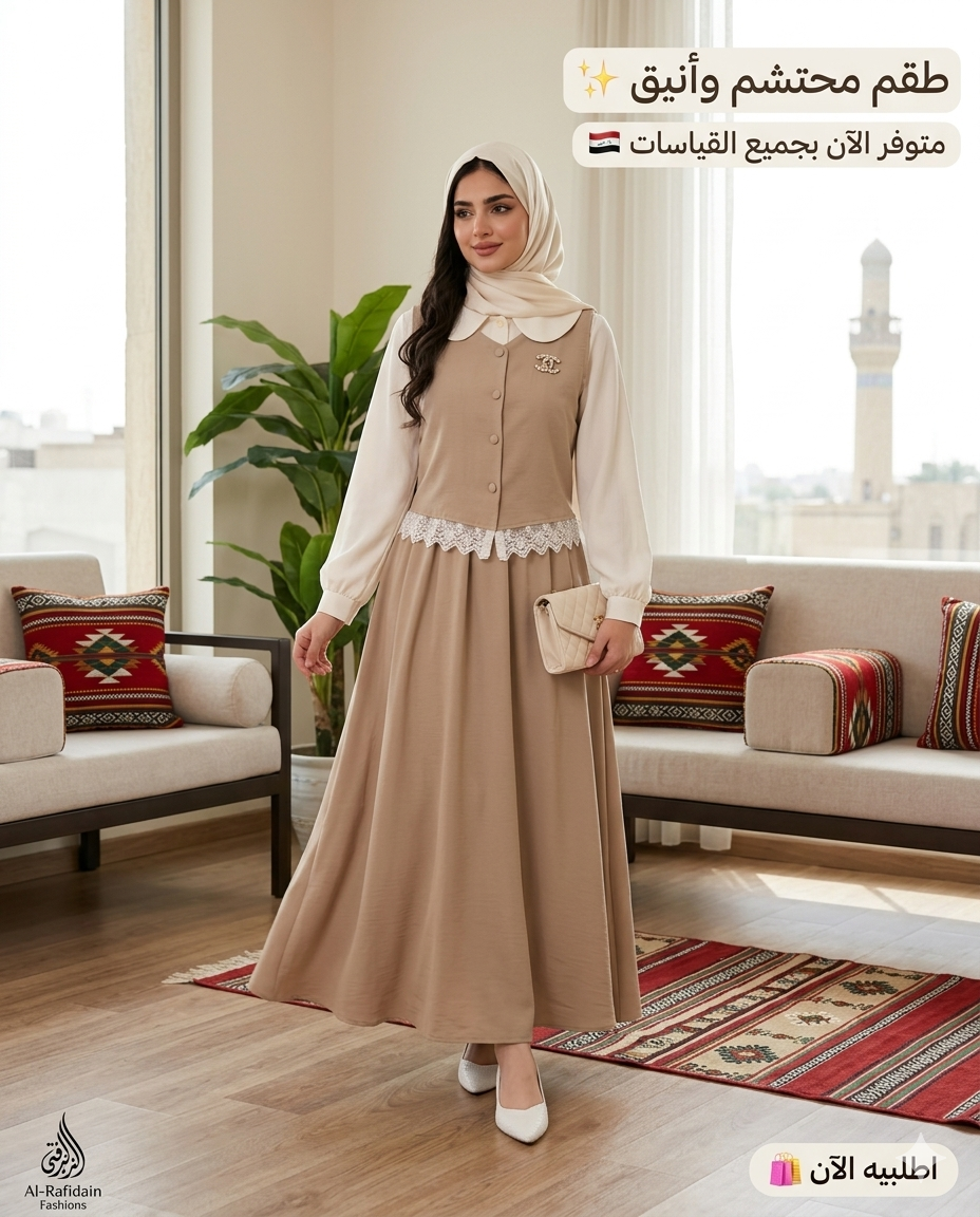 FOR YOU MODA - 9057-35F-1 فستان قطعيتن - بيج 