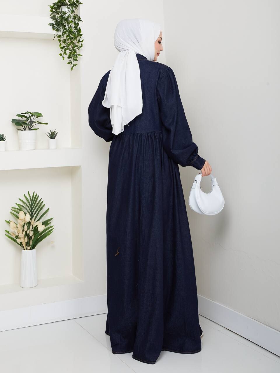 9511-21M-3 فستان جينز غامق - Thumbnail