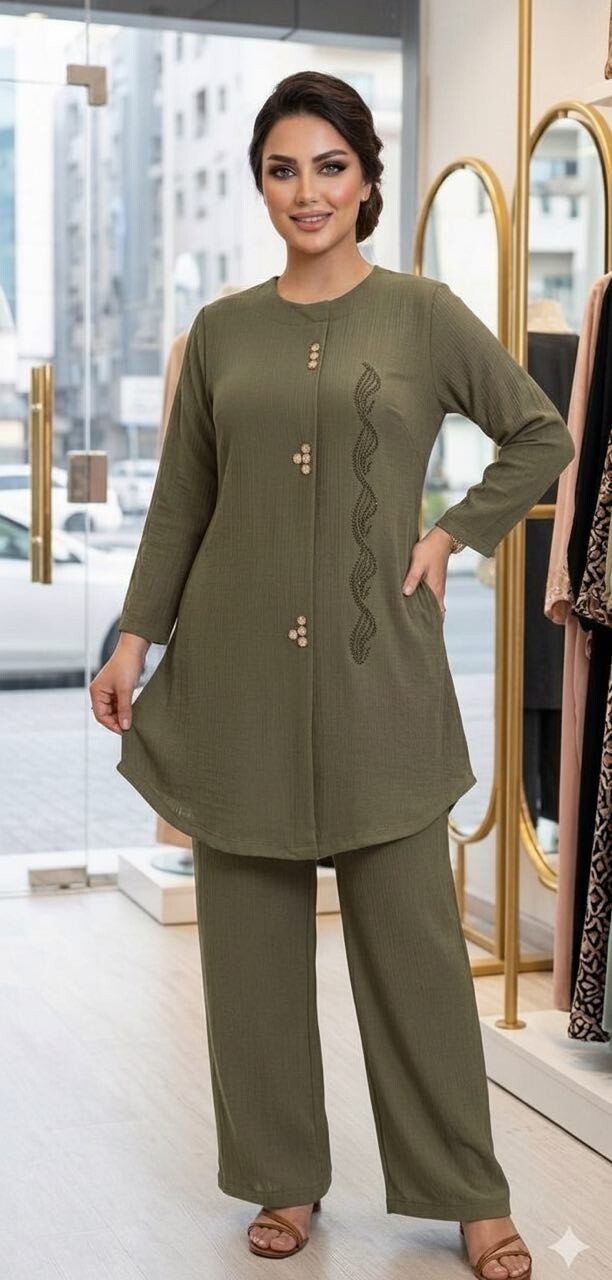 FOR YOU MODA - 9863-33k-8سوت قطعتين - زيتوني